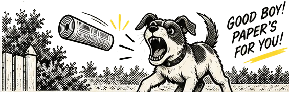A barking dog lunges at a thrown newspaper.