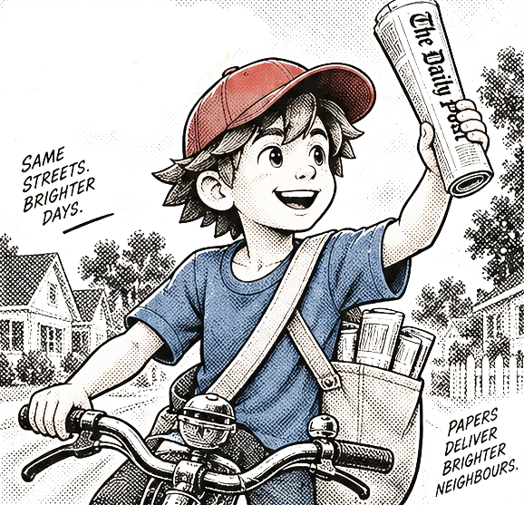 A paperboy on his bicycle holds a rolled copy of The Daily Post above his head.