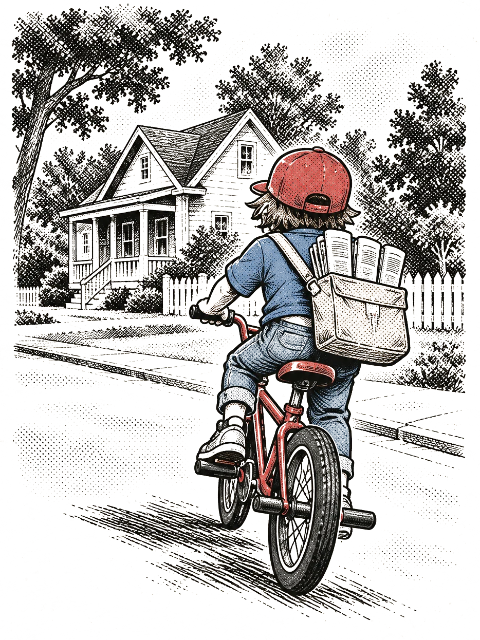 A paperboy rides away down a sunlit street with a bag of newspapers on his shoulder.